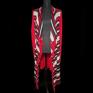 Simon Chang Black/Red/White Striped Fringe Longline Duster Cardigan - Size Large